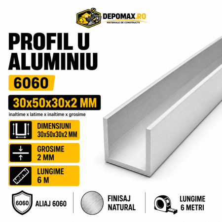 Profil U aluminiu 30 x 50 x 30 x 2 mm, 6 metri